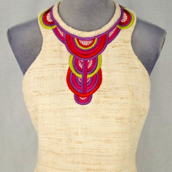 Trina Turk Dress Womens 6 Beige Silk Tweed Embroidered Neckline Racerback Lined - Picture 9 of 16